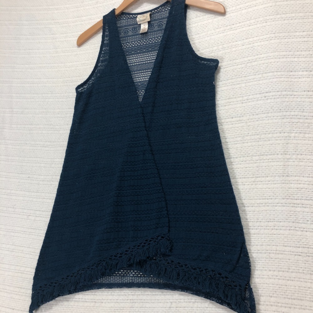 Belle du Jour Crochet Fringe Vest Sleeveless Cover Up Teal Blue Medium